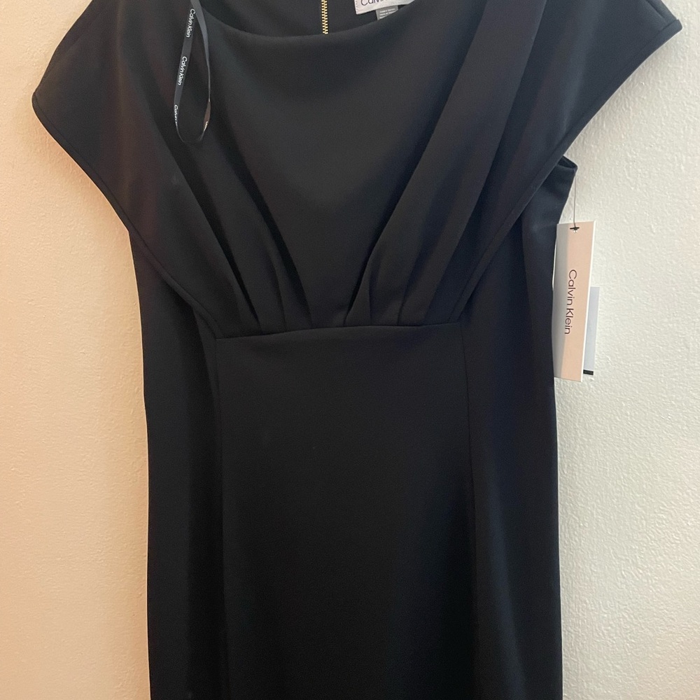 Calvin Klein Black Pleated Sheath Dress with Bateau Neckline